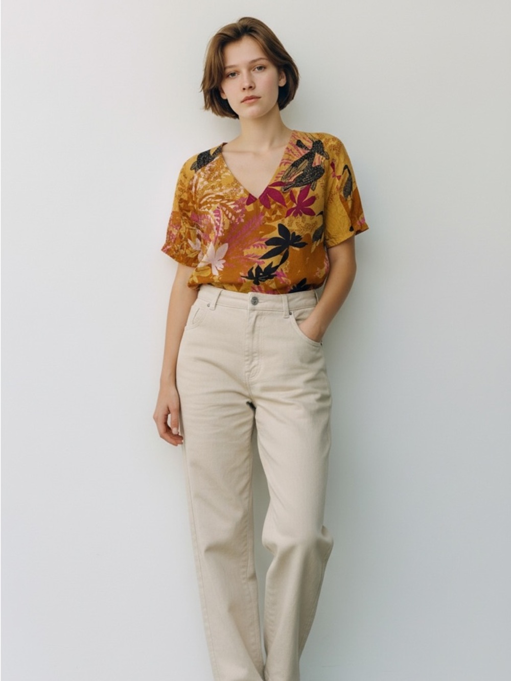 White Stuff Floral V-Neck Short Sleeve Blouse in Mustard, UK10, EU38